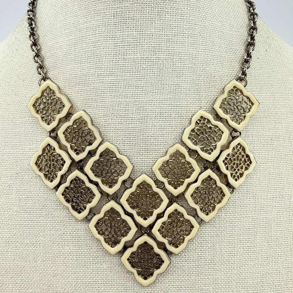 Cream Enamel Quatrefoil Bib Necklace Gold Tone Filigree Boho Statement Gift
